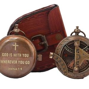 Engraved Sundial Compass - Vintage Personalized Compass- Antique Nautical Brass Compass for Men and Women, Gift for Birthday (Joshua 1:9)