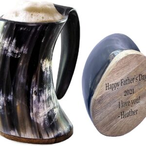 Engraved Original Viking Drinking Horn Cup Personalized Authentic Viking Drinking Horn Large Tankard for Beer Mead Medieval Inspired Stein Mug Food Safe Vessel with Handle (16 Oz Small)