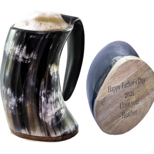 Engraved Original Viking Drinking Horn Cup Personalized Authentic Viking Drinking Horn Large Tankard for Beer Mead Medieval Inspired Stein Mug Food Safe Vessel with Handle (16 Oz Small)