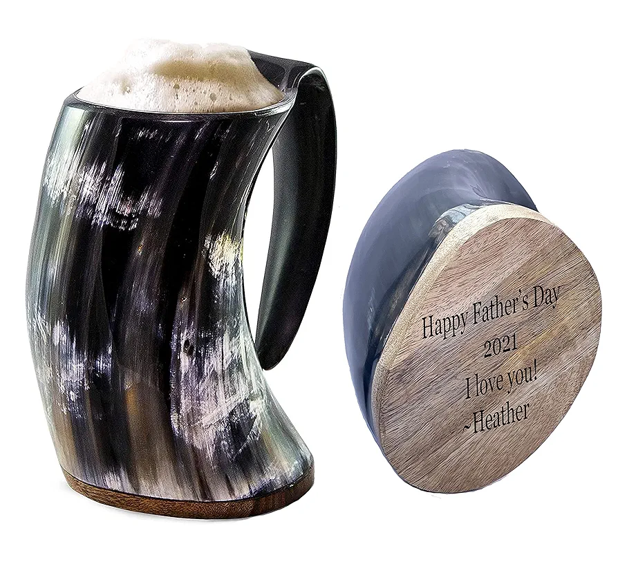 Engraved Original Viking Drinking Horn Cup Personalized Authentic Viking Drinking Horn Large Tankard for Beer Mead Medieval Inspired Stein Mug Food Safe Vessel with Handle (16 Oz Small)
